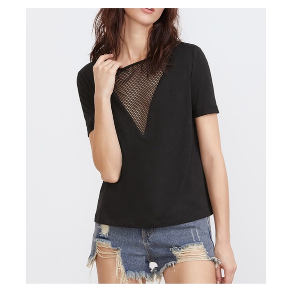 Black Short Sleeve Front Mesh Basic T-Shirt - Picture 5 of 5
